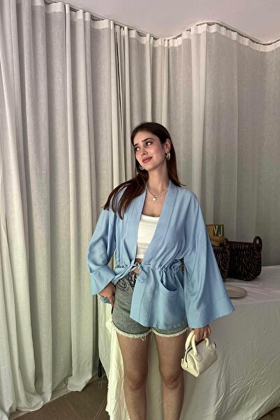 lizge giyim كيمونو بياقة شال وجيبين مزدوجين مع أربطة