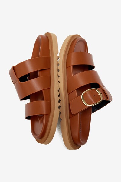 Seniorah Tan Skin Three Thick Straps Single Buckle Detailed Women's Slippers