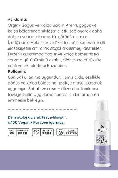Orginx Volufiline İçeren Göğüs & Kalça Dolgunlaştırıcı, Dikleştirici, Sıkılaştırıcı Bakım Kremi 100 ml