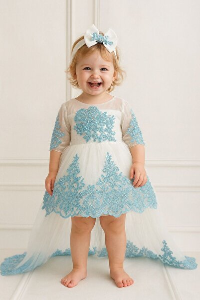 Hobidik فستان سهرة للفتيات من الدانتيل الفرنسي الأزرق المطرز بالخرز مع ذيل طو...