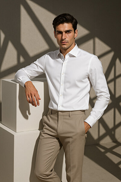 alenmeza Чоловіча біла водо- та плямовідштовхуюча бавовняна сатинова сорочка Slim Fit Casual, яка не потребує прасування