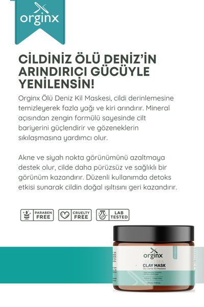 Orginx Arındırıcı Yüz Bakım Maskesi – Siyah Noktaya Eğilimli Ciltler İçin Ölü Deniz Kil Maskesi 150 ml