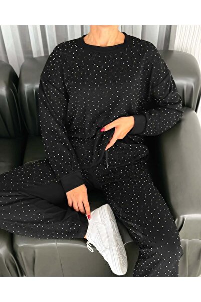 badibadii Μαύρο ύφασμα Modal Γυναικείο Σετ δύο τεμαχίων με λεπτομέρεια από κρ...