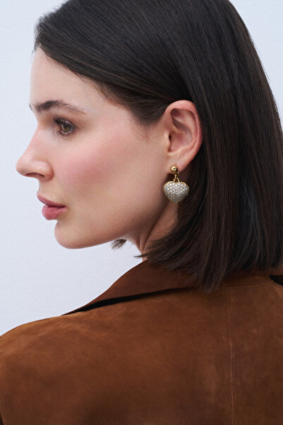 Mon Reve Margot Altın Kaplama Kalp Zirkon Charm İğneli Küpe