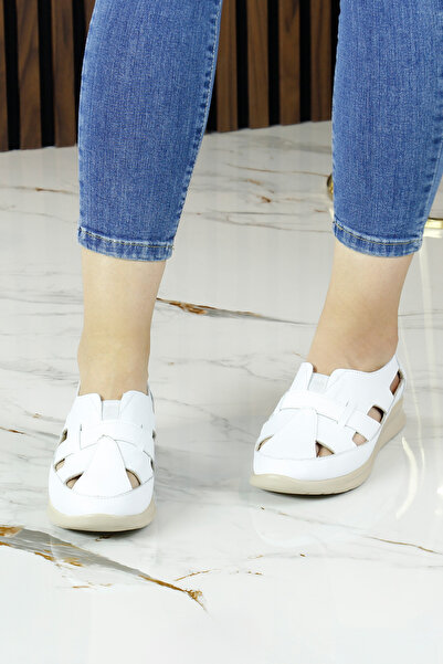 Erkan Saçmacı Aida White Genuine Calfskin Leather Elastic Slip-On Casual Shoes with Cut Detail