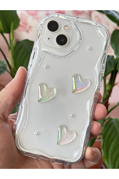 Fibaks iPhone 14 Compatible Case Designed Patterned Camera Protection 3D Heart and Pearl Design Transparent Silicone