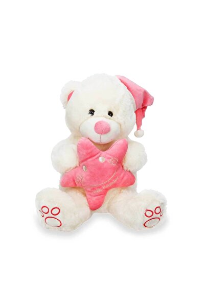 ByCaretta دب قطيفة جالس مع قبعة ووسادة 38 سم أبيض