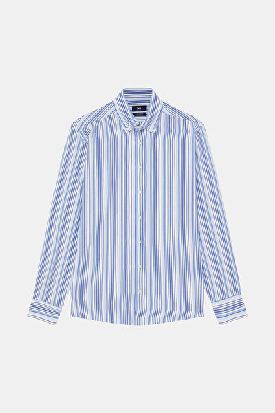 W Collection KOYU MAVİ UZUN KOLLU BASKILI GÖMLEK