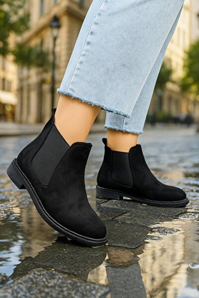 İmerShoes Günlük Kadın Siyah Süet Bot Oval Burunlu Lastikli Alçak Topuklu Tırtıklı Taban Bootie 387