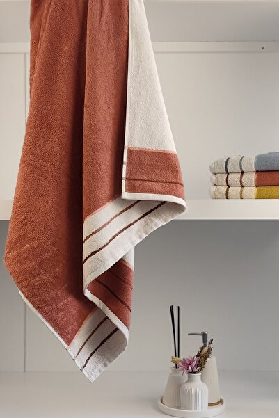 Sevim Thread Dyed 100% Cotton Bath Towel with Striped Edge - Soft & Highly Water Absorbent - 90X150 cm - Terra