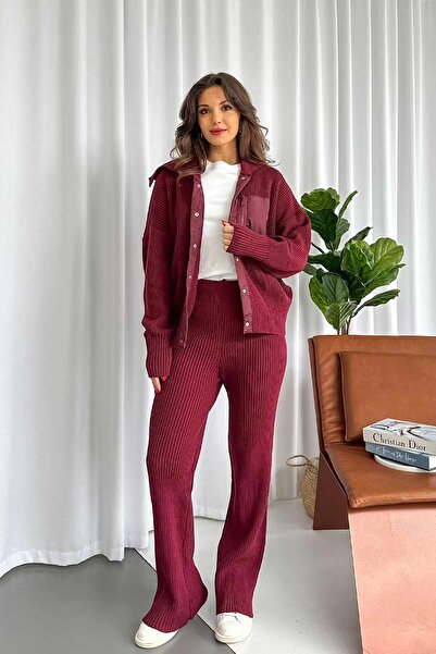 Mine Tan Butik Paraşüt Kumaş Detaylı Örme Takım - Bordo