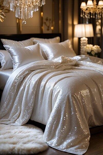 Helen George – Beyaz Saten Nevresim Takımı + Payetli Yatak Örtüsü Seti (6 Yastık Kılıflı Lüks Set)
