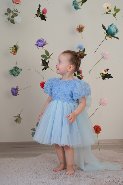 ALYRA Kız Bebek Elbise Kısa Kollu Fiyonklu Güllü Doğum Günü Parti Düğün Özel Gün Abiye Kız Çocuk Elbise