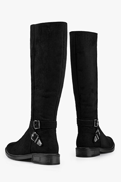 Shoeberry Női acél fekete velúr csatos lapos sarkú csizma fekete velúr