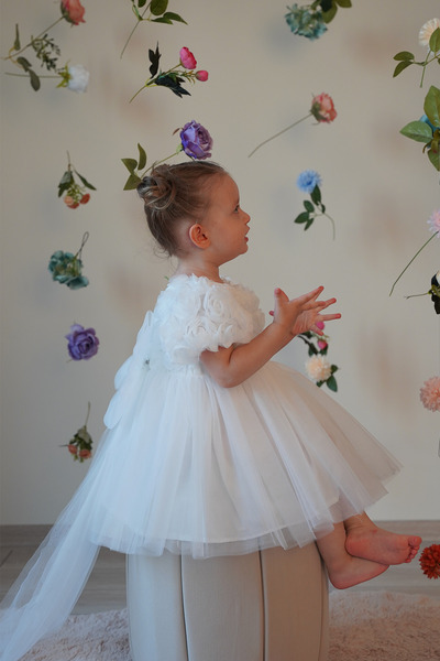 ALYRA Kız Bebek Elbise Kısa Kollu Fiyonklu Güllü Doğum Günü Parti Düğün Özel Gün Abiye Kız Çocuk Elbise