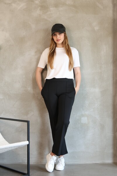 LUQAJ Women's Straight Cut Ribbed Straight Black Scuba Pocket Elastic Pants