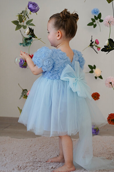 ALYRA Kız Bebek Elbise Kısa Kollu Fiyonklu Güllü Doğum Günü Parti Düğün Özel Gün Abiye Kız Çocuk Elbise