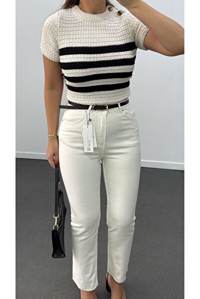 Narferita Juliet Krem Renk Yüksek Bel Slim Boyfit Jean