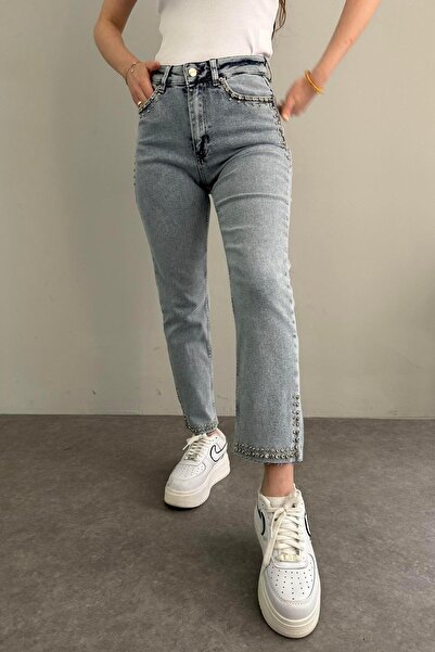 lizge giyim CEPLERİ VE PAÇALARI TAŞLI MOM FİT KOT PANTOLON