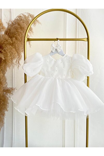 Hobidik Off White Organza Pearl Embroidered Balloon Sleeve Puffy Dress