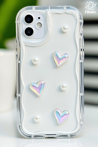 Fibaks Apple iPhone 11 Case 3D Heart and Pearl Design Patterned Camera Protection Transparent Silicone Cover