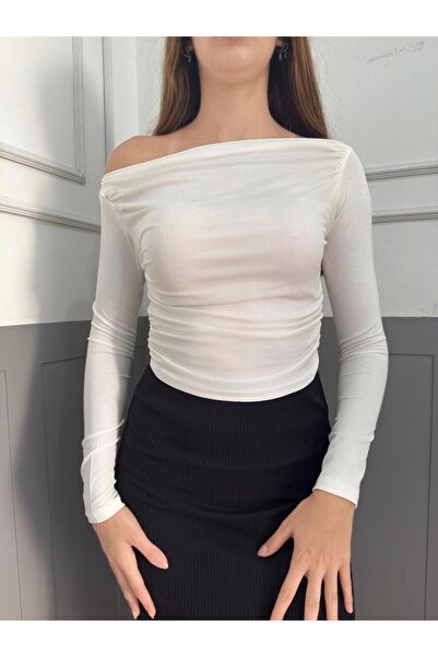 peri tower New Product Women's Cream Off-Shoulder Drawstring Detail Viscose Fabric Long Sleeve Blouse 0024