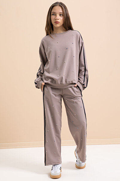 Cansın Mini Кафяво-перлено-бродирано момичешко спортно облекло с ленти и велосипедна яка 21294