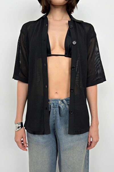 Omarı Polo Neck Mesh Blouse