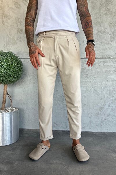 MADZEYMODA Ανδρικό παντελόνι Boyfriend Mold Πλισέ Διπλό Μπεζ υφασμάτινο παντελόνι KE-1023