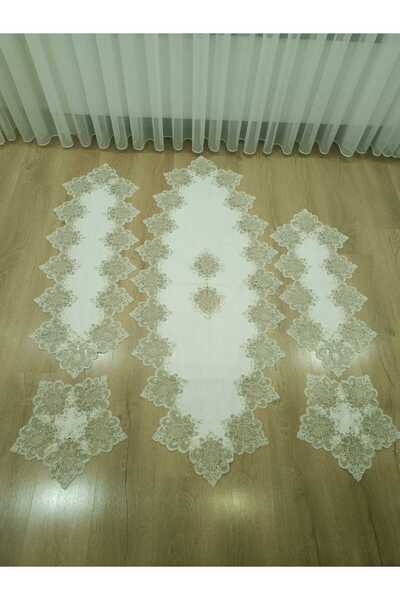 Çt Çeyizci Tekstil Velvet Living Room Set - 5 Piece Lacy Table Cover Runner Set