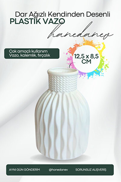Hanedanev Kendinden Desenli Dar Ağızlı Plastik Vazo - Çok Amaçlı Kalemlik Fırçalık Vazo 12,5 x 8,5 Cm