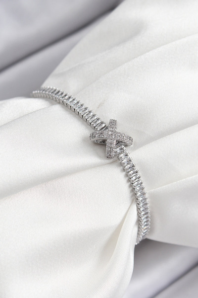 Lisinya Brass Zircon Stone X Detailed Waterway Model Silver Color Women's Bra...