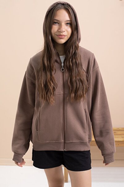 Cansın Mini Brown Girl's Hooded Cardigan with Ribbed Trim 21521