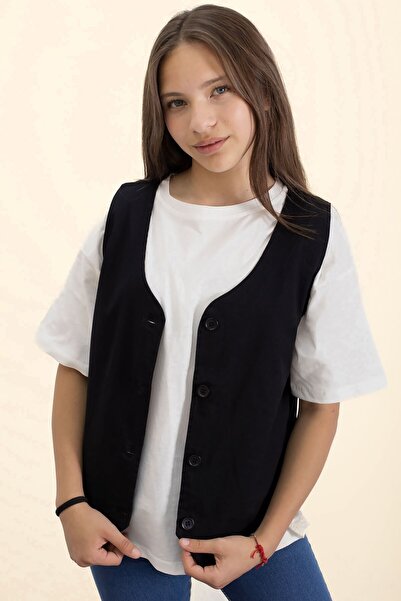 Cansın Mini Black Linen Buttoned Vest and Oversize T-Shirt Girl's 2-Piece Set 21006