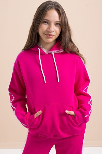 Cansın Mini Fuchsia Girl's 3-Thread Suit with Lace Detail 21507