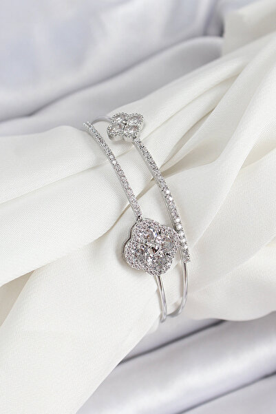 Lisinya Brass Silver Color Zircon Stone Clover Model 2-Piece Women's Bracelet...