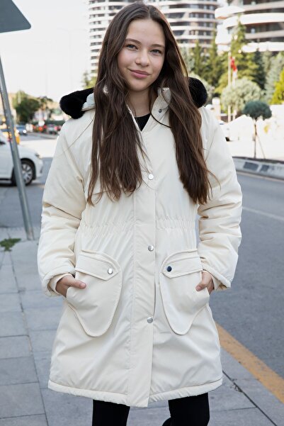 Cansın Mini Cream Pocket Detailed Fur Inside Removable Hooded Girl's down Jacket 21335