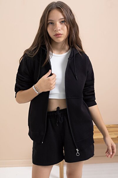 Cansın Mini Black Girl's Hooded Cardigan with Hood 21518