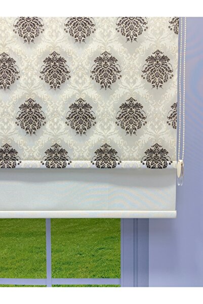 donatti perde Gold Kahve Damask Desenli Çift Mekanizmalı Tül ve Stor Perde - Simli Kumaş, Simli Stor Perde