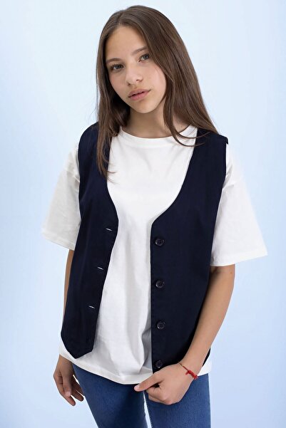 Cansın Mini Navy Blue Linen Buttoned Vest and Oversize T-Shirt Girl's 2-Piece Set 21007