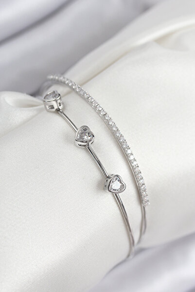 ewoman Brass Zircon Stone Heart Model Silver Color Women's Bracelet - Lisinya