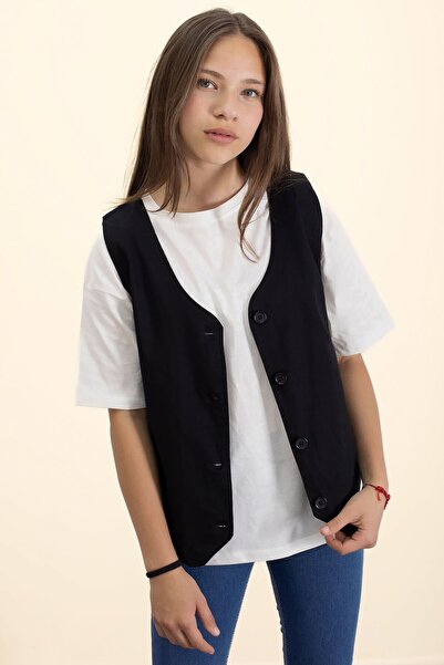Cansın Mini Black Linen Buttoned Vest and Oversize T-Shirt Girl's 2-Piece Set 21006