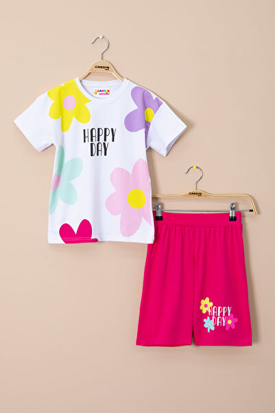 Cansın Mini Fuchsia Colored Flower Printed T-Shirt and Shorts Girls 2 Piece Set 21065