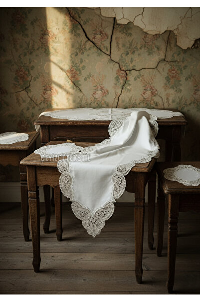 Çt Çeyizci Tekstil Salon Takımı 5 Parça Dantelli Masa Örtüsü Runner Seti Kadife