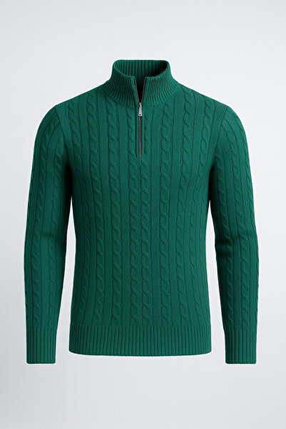 Valiberta Hair Braided Half Zipper Men's Knitwear Sweater - Green