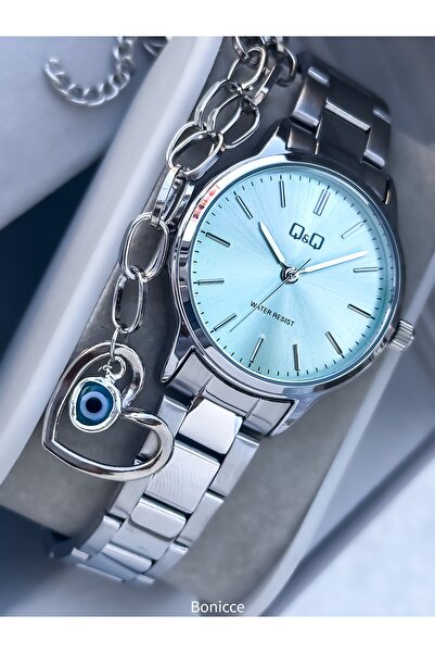 Q&Q Brand Silver Color Steel Band, White - Lilac Dial, Lover's Watch + Bracelet Rosary