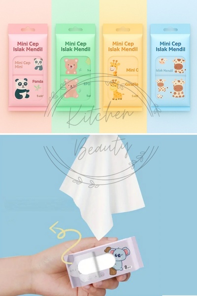 Kitchen Beauty 8 Paket 64 Yaprak Mini Islak Mendil Taşınabilir Çanta Boy Cep Tipi Islak Mendil