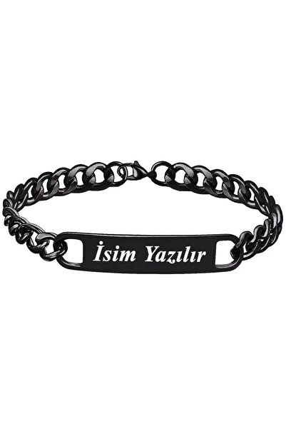 Takı Dükkanı Kişiye Özel Isim Yazılı Siyah Çelik Erkek Bileklik Ack06isyh