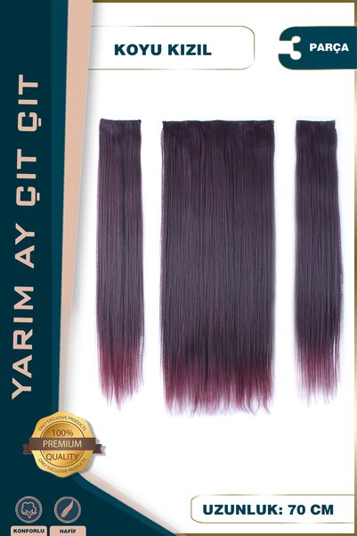 KONAK PERUK Fiber Sentetik Düz Yarım Ay + 2 Yan Çıt Çıt - Koyu Kızıl