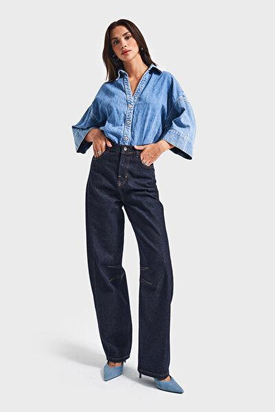 its basic Γυναικείο τζιν Indigo Color 7w5-50 Baggy Fit 100% βαμβακερό χαλαρό κούρεμα Εσωτερικό μέγεθος 83cm